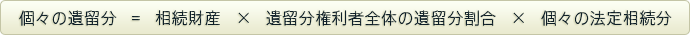 個々の遺留分＝相続財産×遺留分権利者　全体の遺留分割合×個々の法定相続分